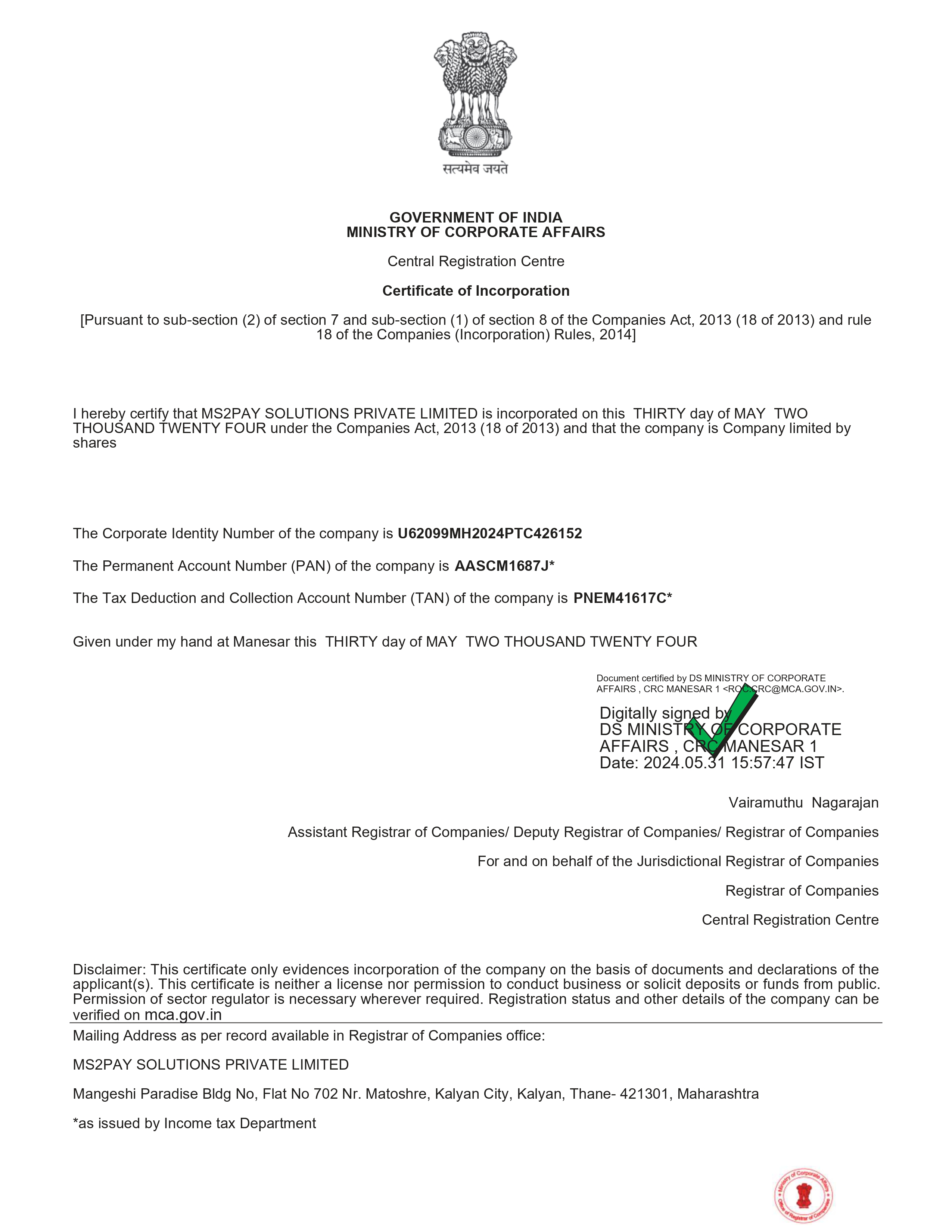 Certificate of Incorporation